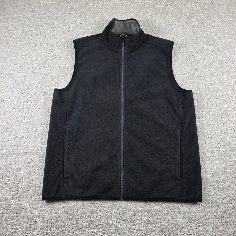 Lands End Outfitters Mens Medium Fleece Vest Black Full Zip Mock Neck Pockets
